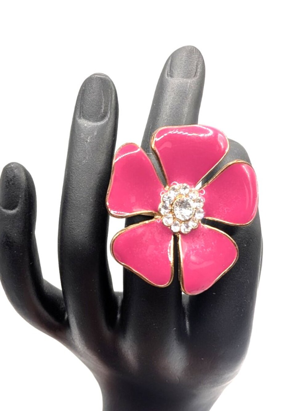 Copper and Hot Pink Enamel Ladies Ring 1.5" Flower Size 5 Glass Crystals GUC